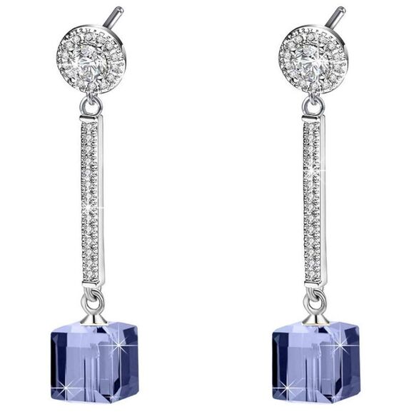 .925 Sterling Silver with Purple Tanzanite Austrian Crystal Dangle Cube Earrings - Picture 1 of 6